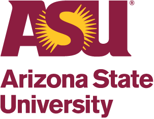 Arizona State University logo, maroon lettering with a yellow sun shining through